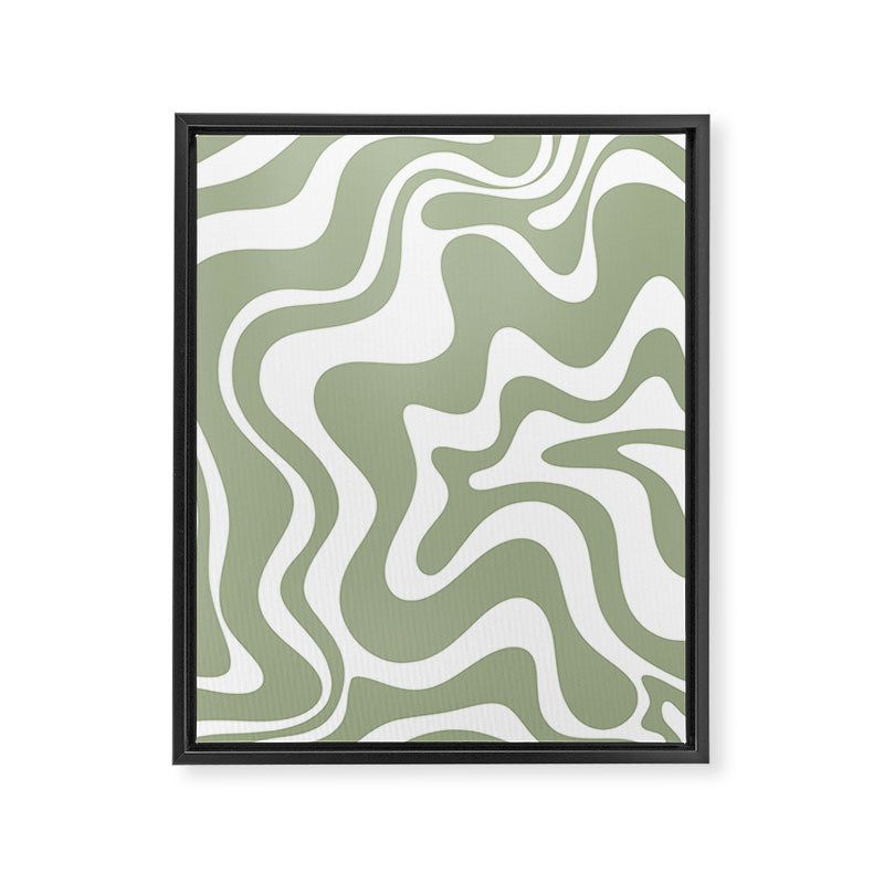 Liquid Swirl Abstract Pattern in Sage Green and White Framed Canvas Print Gallery Image 6