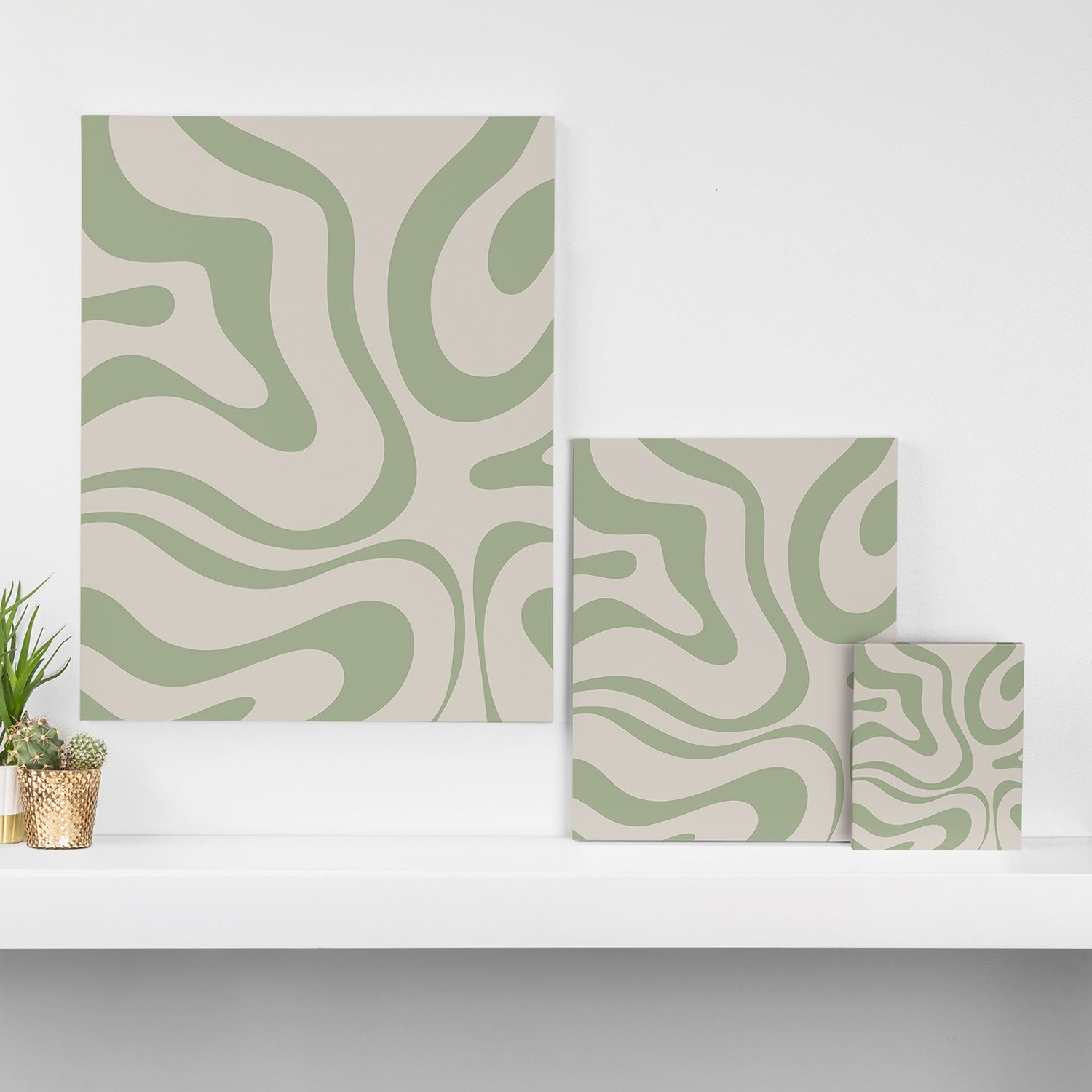 Liquid Swirl Abstract Pattern in Almond and Sage Green Canvas Print Gallery Image 3