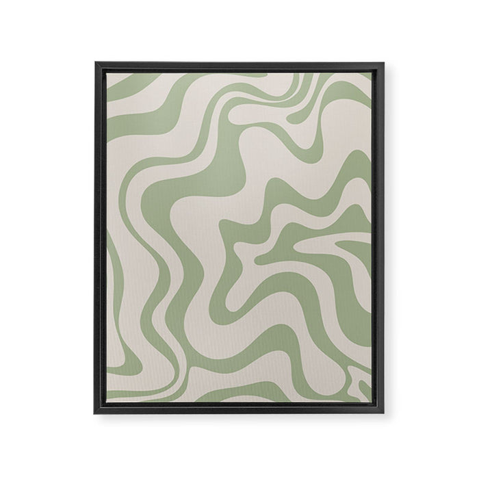 Liquid Swirl Modern Abstract Pattern in Beige and Sage Green Framed Canvas Print Gallery Image 1