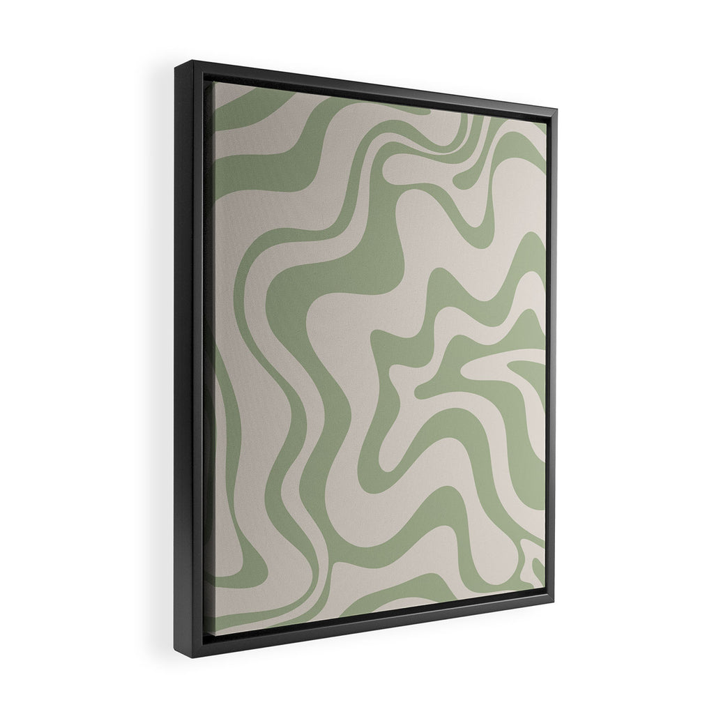 Liquid Swirl Modern Abstract Pattern in Beige and Sage Green Framed Canvas Print Gallery Image 2
