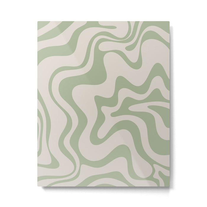 Liquid Swirl Modern Abstract Pattern in Beige and Sage Green Metal Print Gallery Image 1