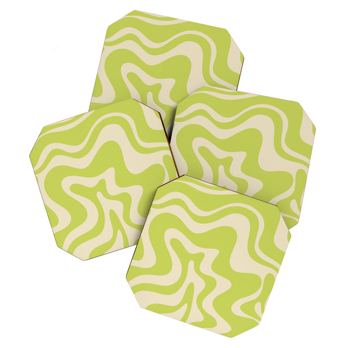 Liquid Swirl Retro Abstract Pattern 4 in Light Lime Linden Green and Beige Coaster Gallery Image 1