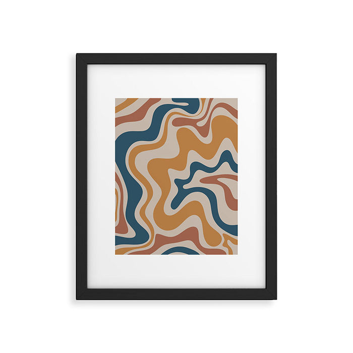 Liquid Swirl Retro Abstract Pattern Blue Ochre Rust Taupe Framed Art Print Gallery Image 1