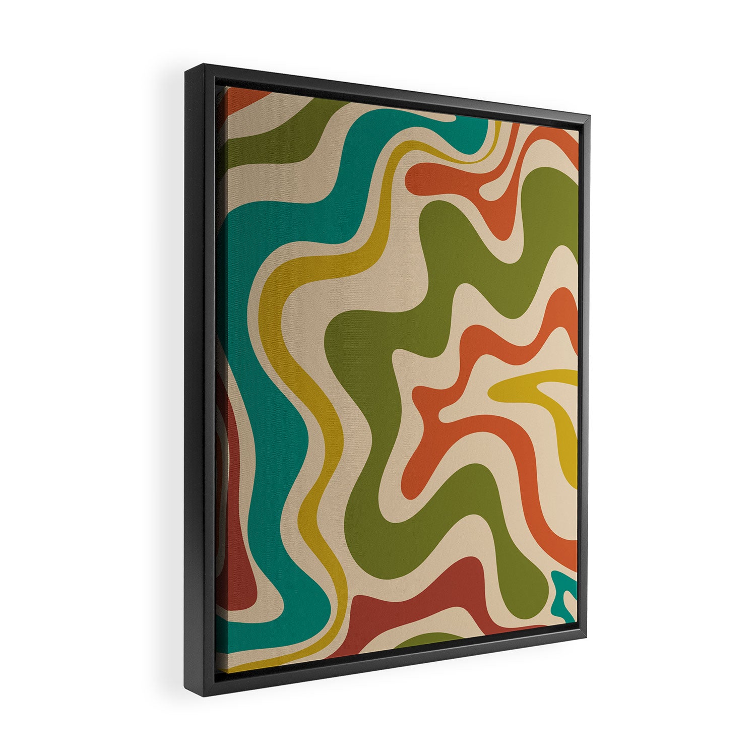 Liquid Swirl Retro Abstract Pattern in Mid Mod Colours on Beige Framed Canvas Print Gallery Image 2
