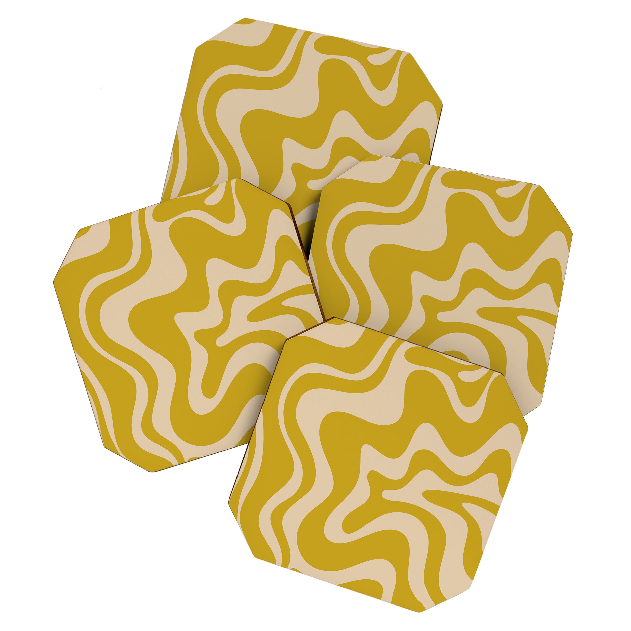 Liquid Swirl Retro Abstract Pattern in Mid Mod Mustard and Beige Coaster Gallery Image 1