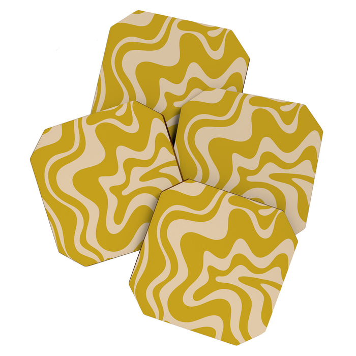 Liquid Swirl Retro Abstract Pattern in Mid Mod Mustard and Beige Coaster Gallery Image 1