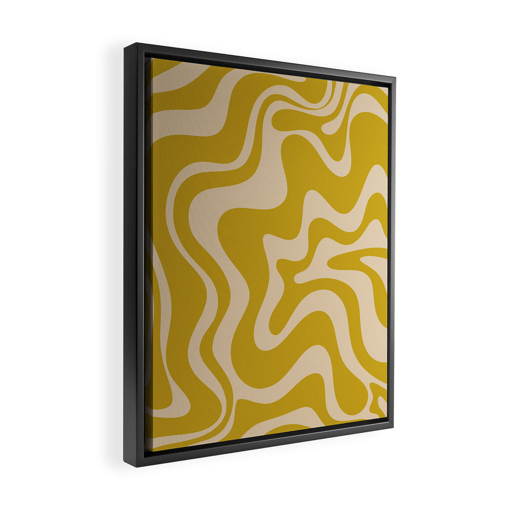 Liquid Swirl Retro Abstract Pattern in Mid Mod Mustard and Beige Framed Canvas Print Gallery Image 2