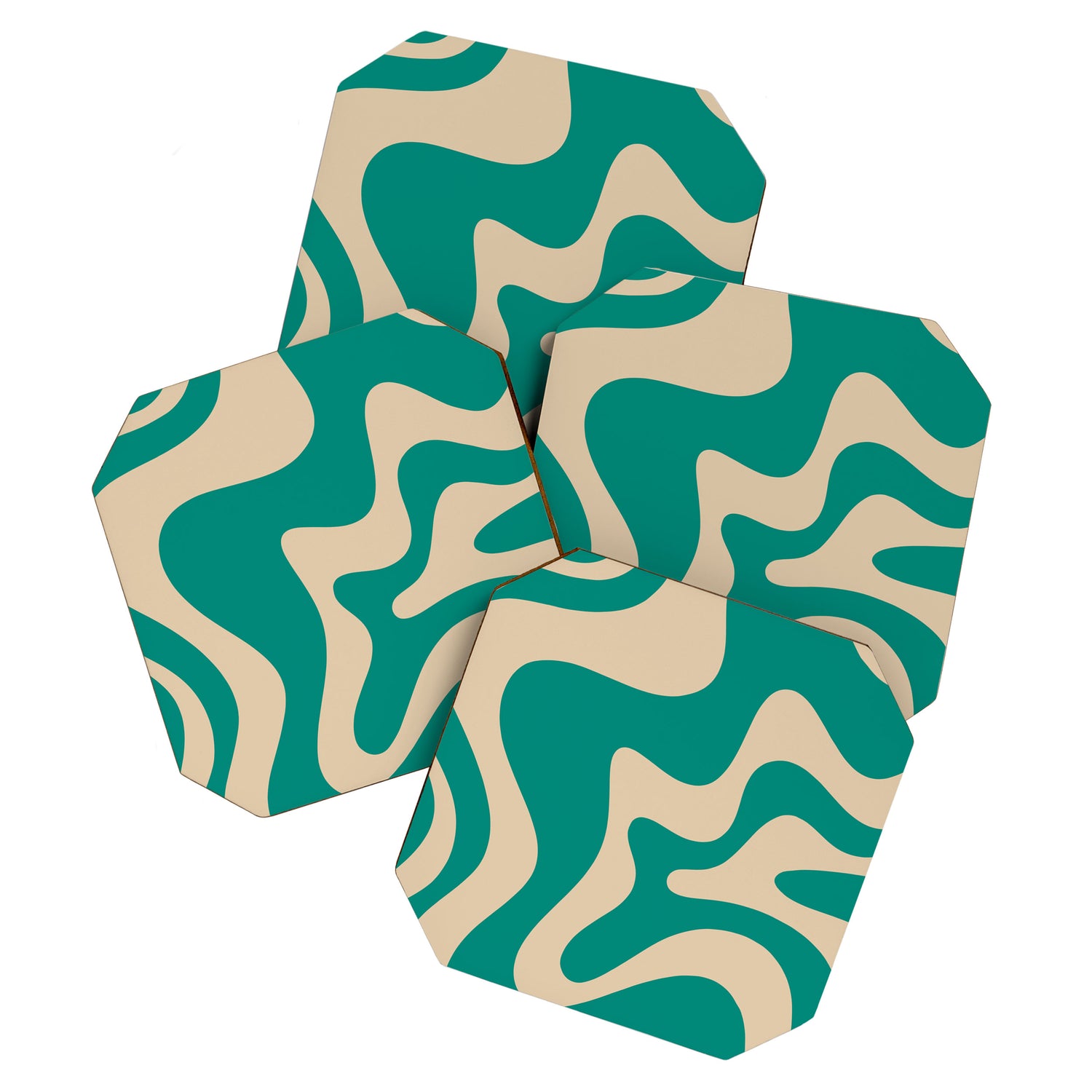 Liquid Swirl Retro Abstract Pattern in Mid Mod Turquoise Teal and Beige Coaster Gallery Image 1