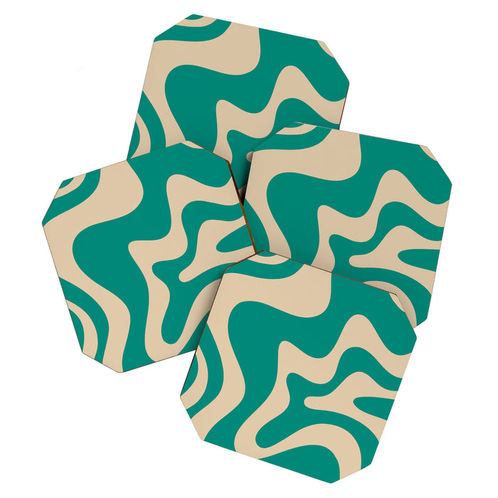 Liquid Swirl Retro Abstract Pattern in Mid Mod Turquoise Teal and Beige Coaster Gallery Image 1