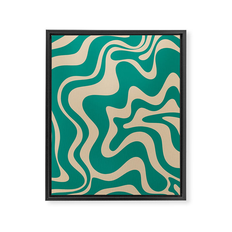 Liquid Swirl Retro Abstract Pattern in Mid Mod Turquoise Teal and Beige Framed Canvas Print Gallery Image 6