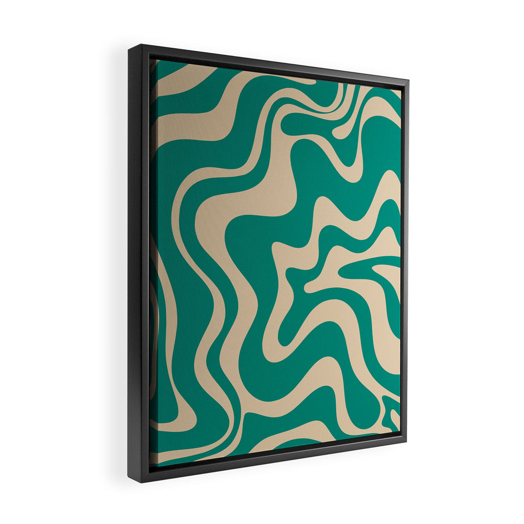 Liquid Swirl Retro Abstract Pattern in Mid Mod Turquoise Teal and Beige Framed Canvas Print Gallery Image 2
