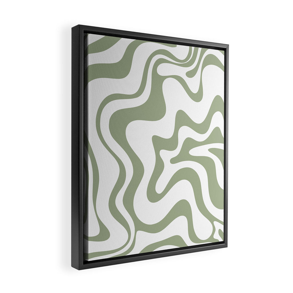 Liquid Swirl Retro Abstract Pattern in White and Sage Framed Canvas Print Gallery Image 2
