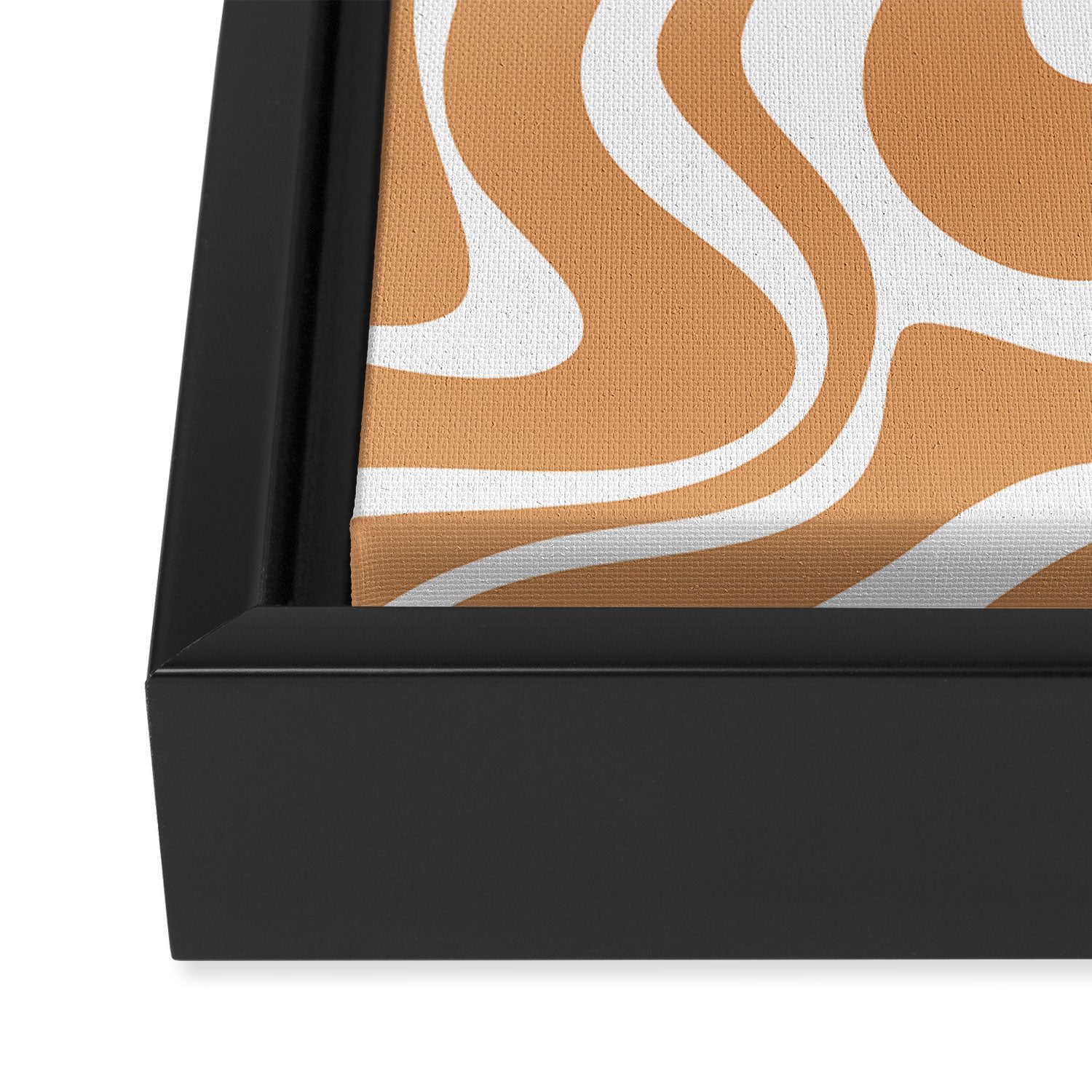Liquid Swirl Retro Modern Abstract Pattern in Caramel Ochre and White Framed Canvas Print Gallery Image 3