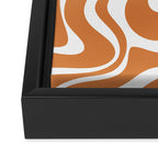 Liquid Swirl Retro Modern Abstract Pattern in Orange Ochre and White Framed Canvas Print Gallery Image 3