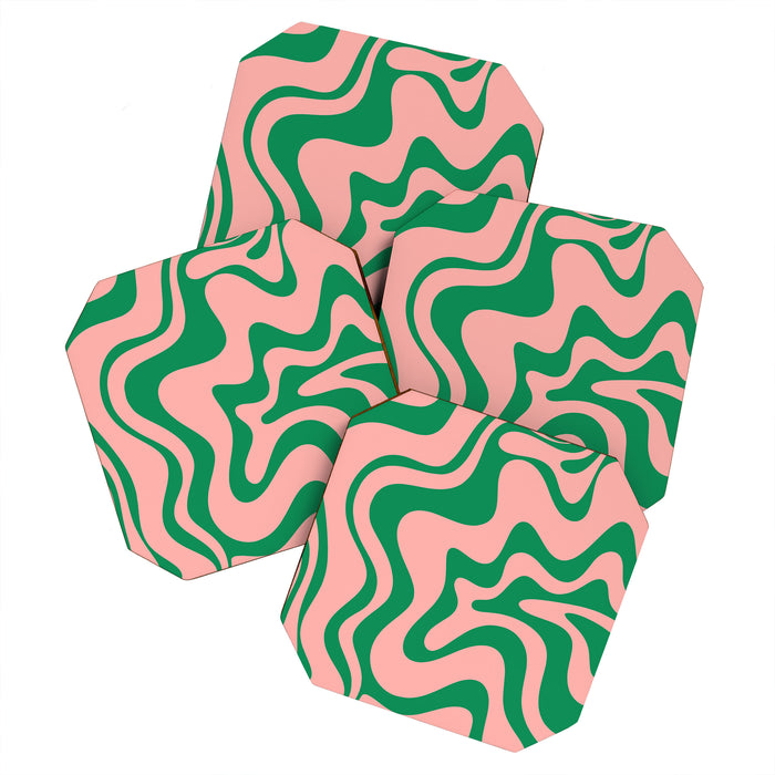 Liquid Swirl Retro Abstract Pattern in Pink and Bright Green Coaster Gallery Image 1