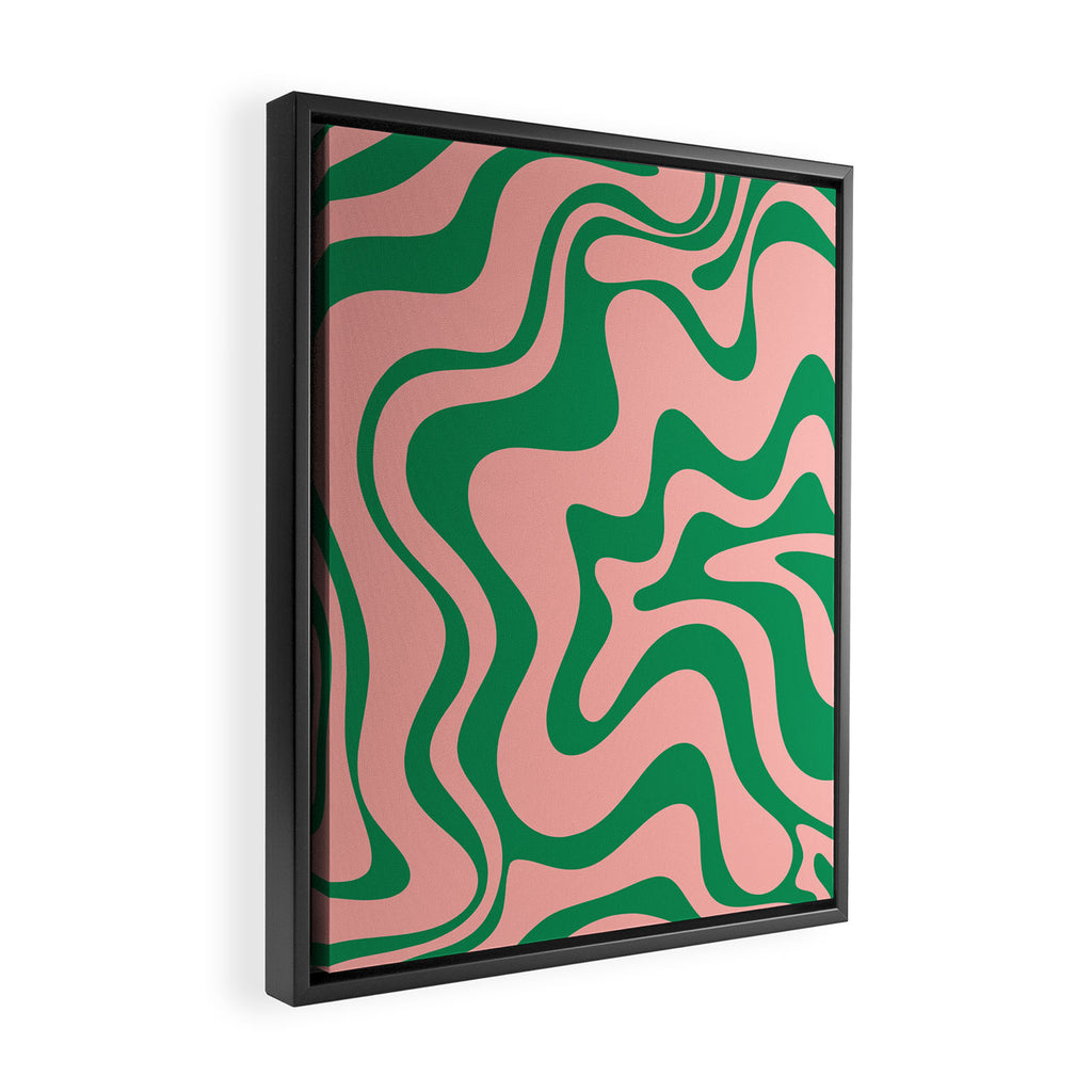 Liquid Swirl Retro Abstract Pattern in Pink and Bright Green Framed Canvas Print Gallery Image 2