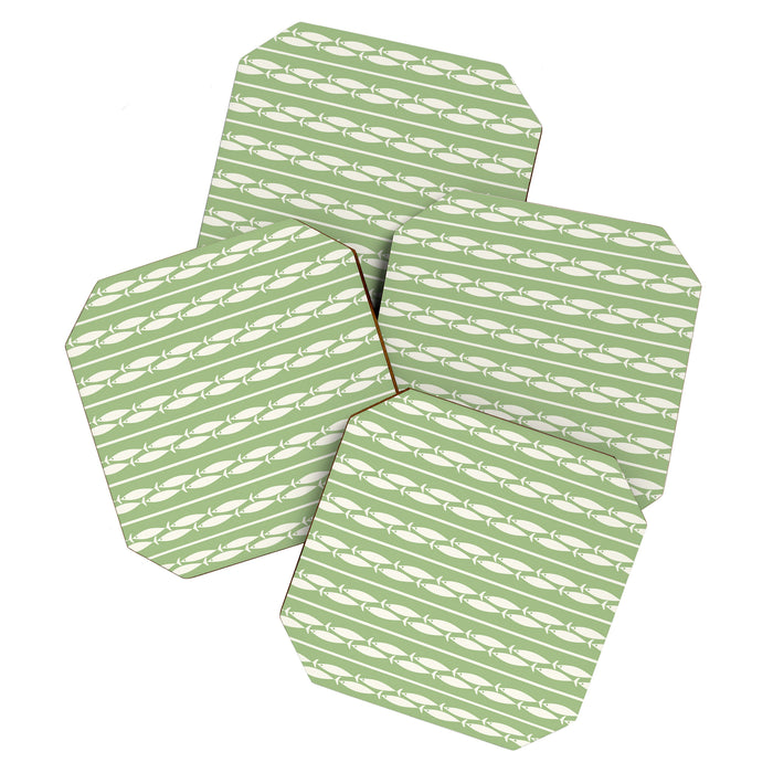 Little Fish Stripes Light Sage Green and Cream Coastal Pattern Coaster Gallery Image 1