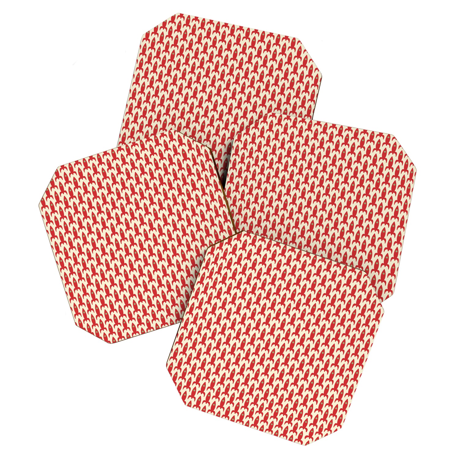 Little Rockets Retro Mid Mod Pattern in Red, Light Olive Green, and Cream Coaster Gallery Image 1