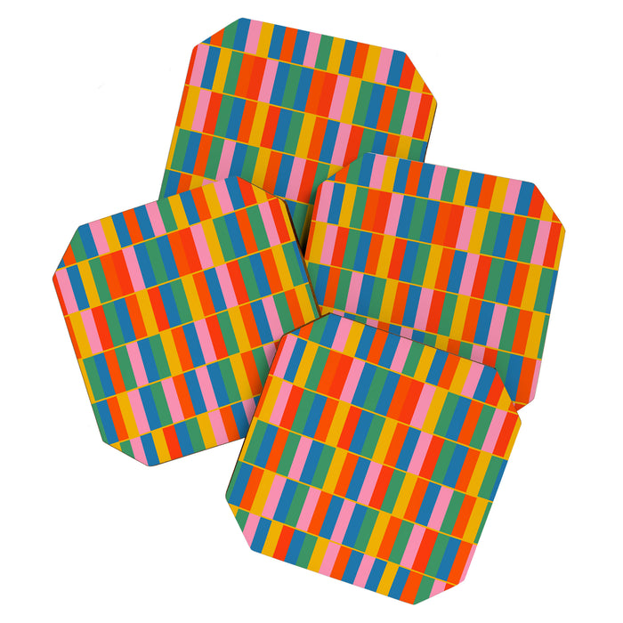 Long Blocks Colourful Geometric Check Pattern in Rainbow Pop Colors Coaster Gallery Image 1