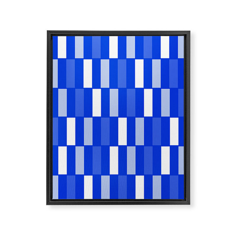 Long Blocks Geometric Check Pattern Royal Blue, Light Blue, White Framed Canvas Print Gallery Image 8