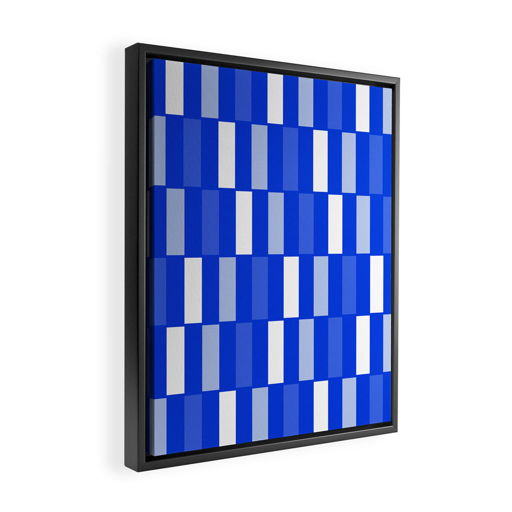 Long Blocks Geometric Check Pattern Royal Blue, Light Blue, White Framed Canvas Print Gallery Image 2