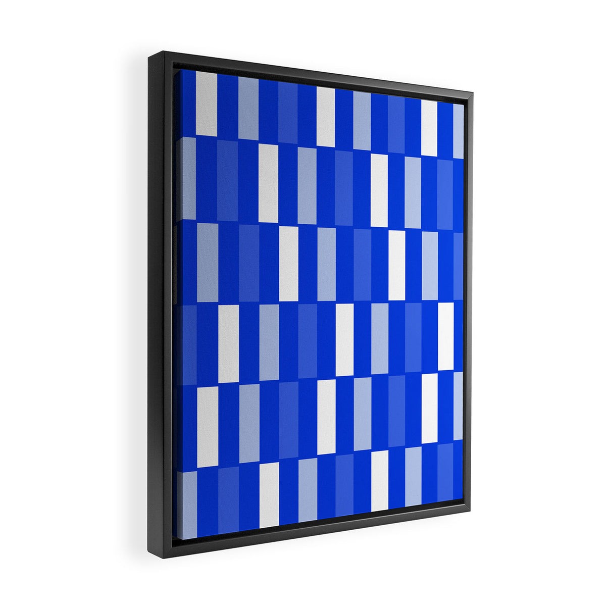 Long Blocks Geometric Check Pattern Royal Blue, Light Blue, White Framed Canvas Print Gallery Image 2