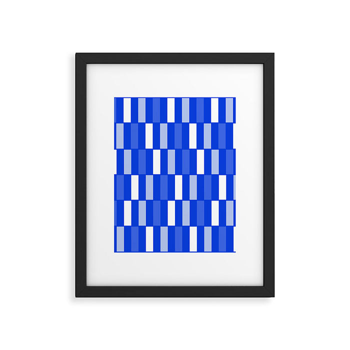 Long Blocks Geometric Check Pattern Royal Blue, Light Blue, White Framed Art Print Gallery Image 1
