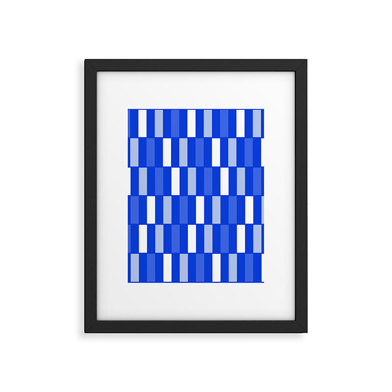 Long Blocks Geometric Check Pattern Royal Blue, Light Blue, White Framed Art Print Gallery Image 6