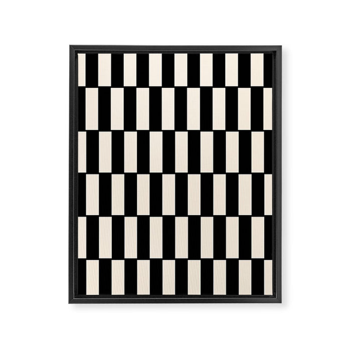 Long Blocks Retro Modern Geometric Checked Pattern in Black and Almond Cream Framed Canvas Print Gallery Image 1