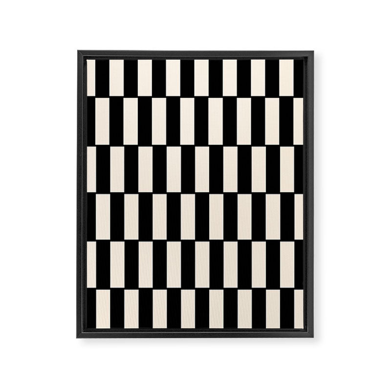 Long Blocks Retro Modern Geometric Checked Pattern in Black and Almond Cream Framed Canvas Print Gallery Image 8