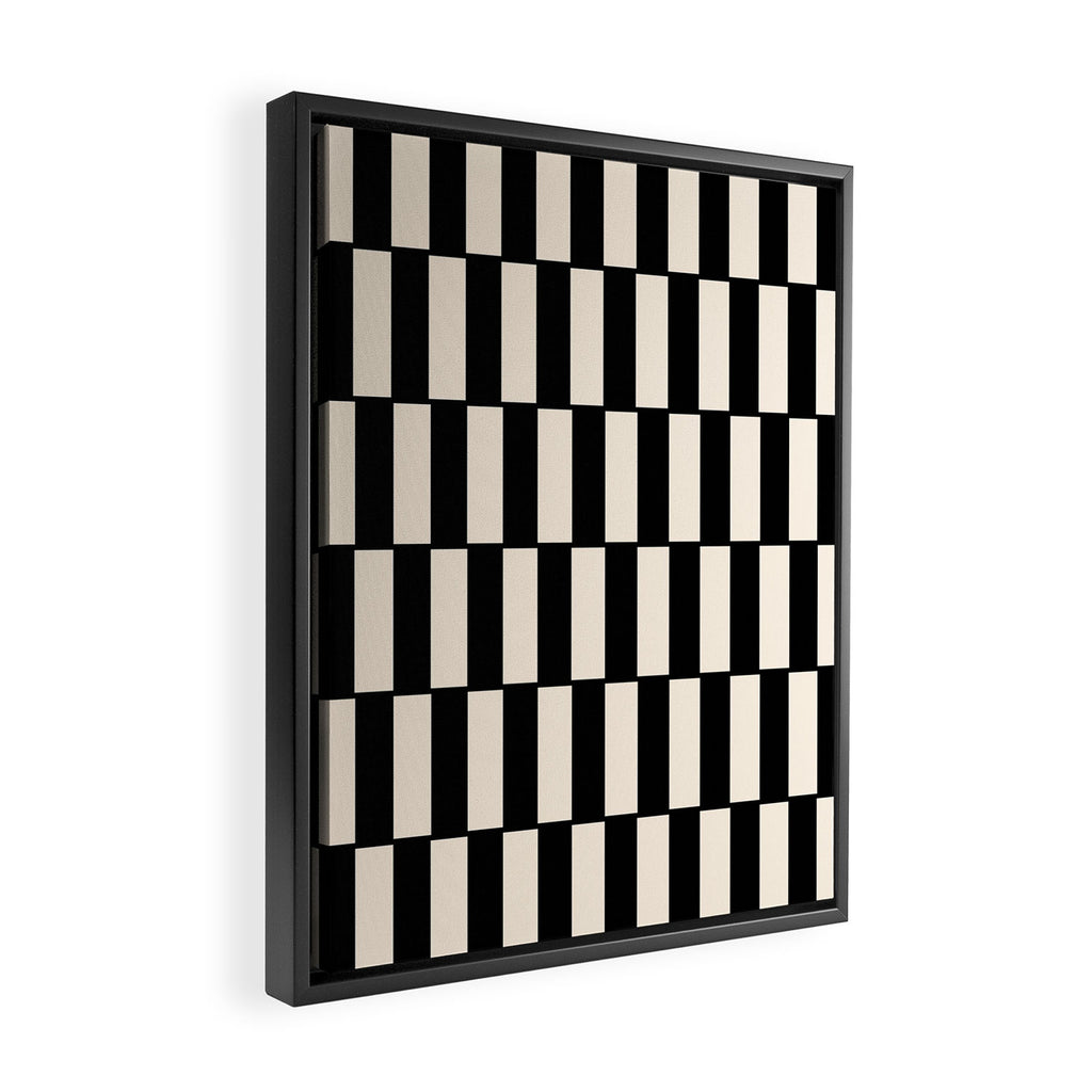 Long Blocks Retro Modern Geometric Checked Pattern in Black and Almond Cream Framed Canvas Print Gallery Image 2