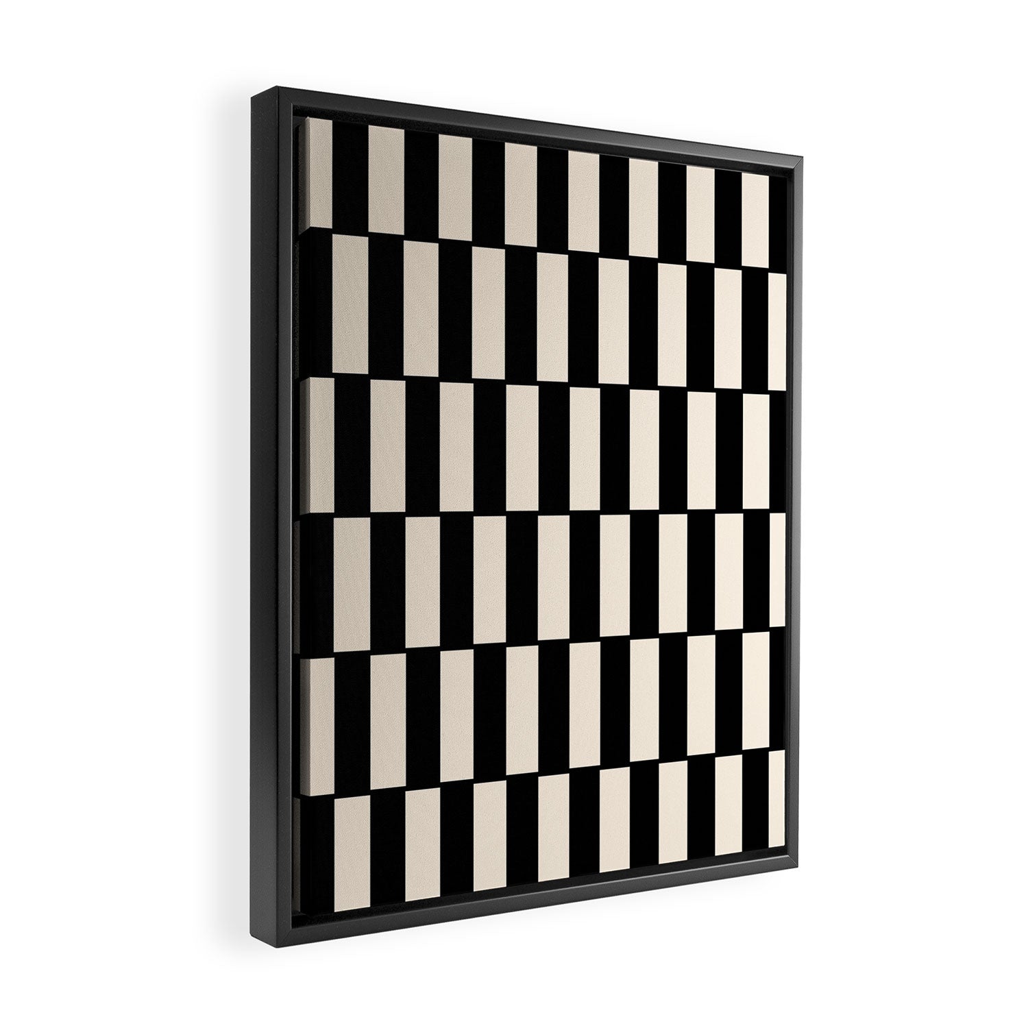 Long Blocks Retro Modern Geometric Checked Pattern in Black and Almond Cream Framed Canvas Print Gallery Image 2