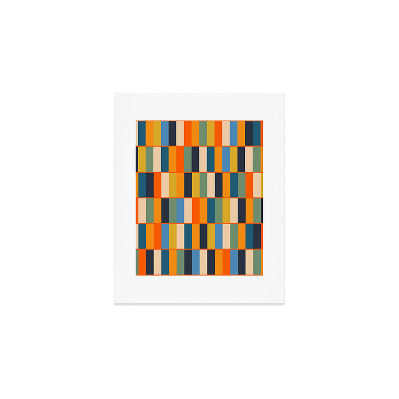 Long Blocks Retro Modern Minimalist Geometric Checked Pattern Blue Mustard Orange Eucalyptus Art Print Gallery Image 1