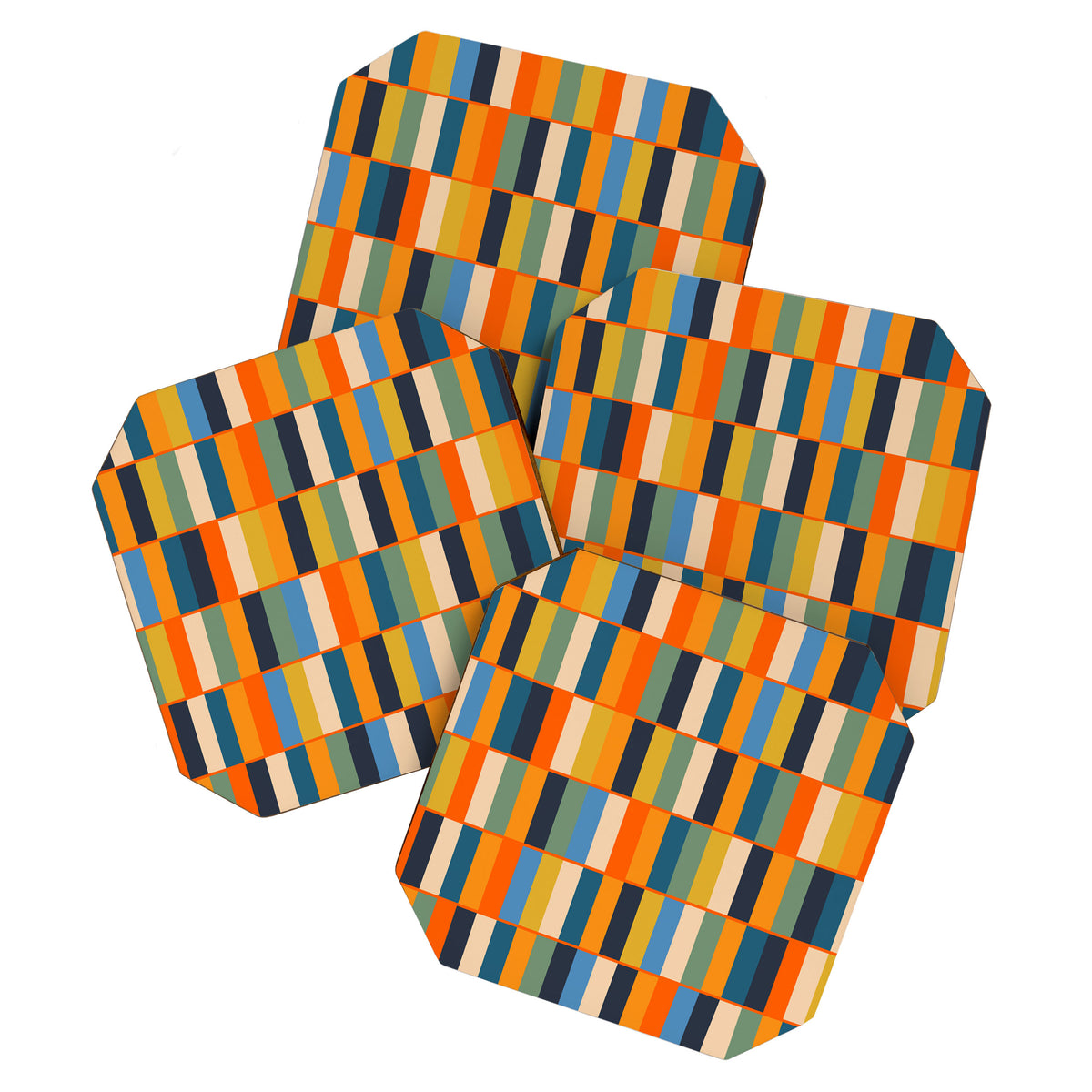 Long Blocks Retro Modern Minimalist Geometric Checked Pattern Blue Mustard Orange Eucalyptus Coaster Gallery Image 1