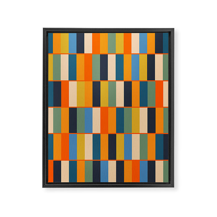 Long Blocks Retro Modern Minimalist Geometric Checked Pattern Blue Mustard Orange Eucalyptus Framed Canvas Print Gallery Image 1