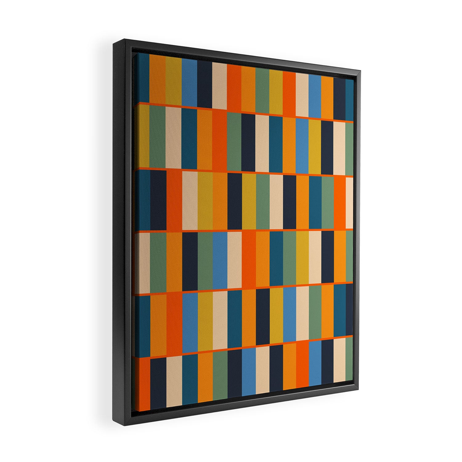 Long Blocks Retro Modern Minimalist Geometric Checked Pattern Blue Mustard Orange Eucalyptus Framed Canvas Print Gallery Image 2