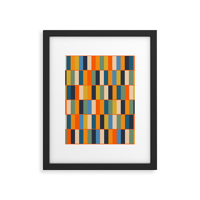Long Blocks Retro Modern Minimalist Geometric Checked Pattern Blue Mustard Orange Eucalyptus Framed Art Print Gallery Image 1