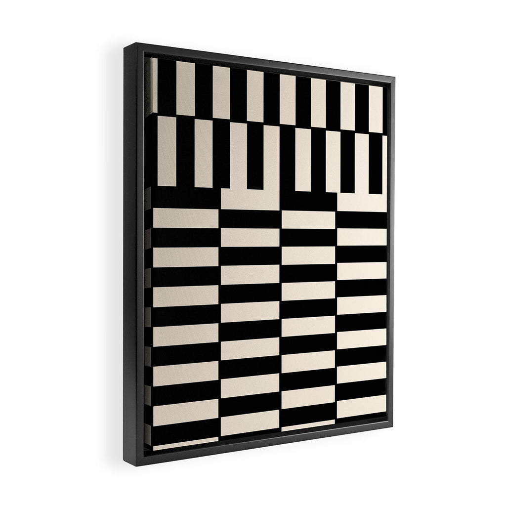 Long Blocks Vertical Horizontal Geometric Minimalist Pattern in Black and Almond Cream Framed Canvas Print Gallery Image 2