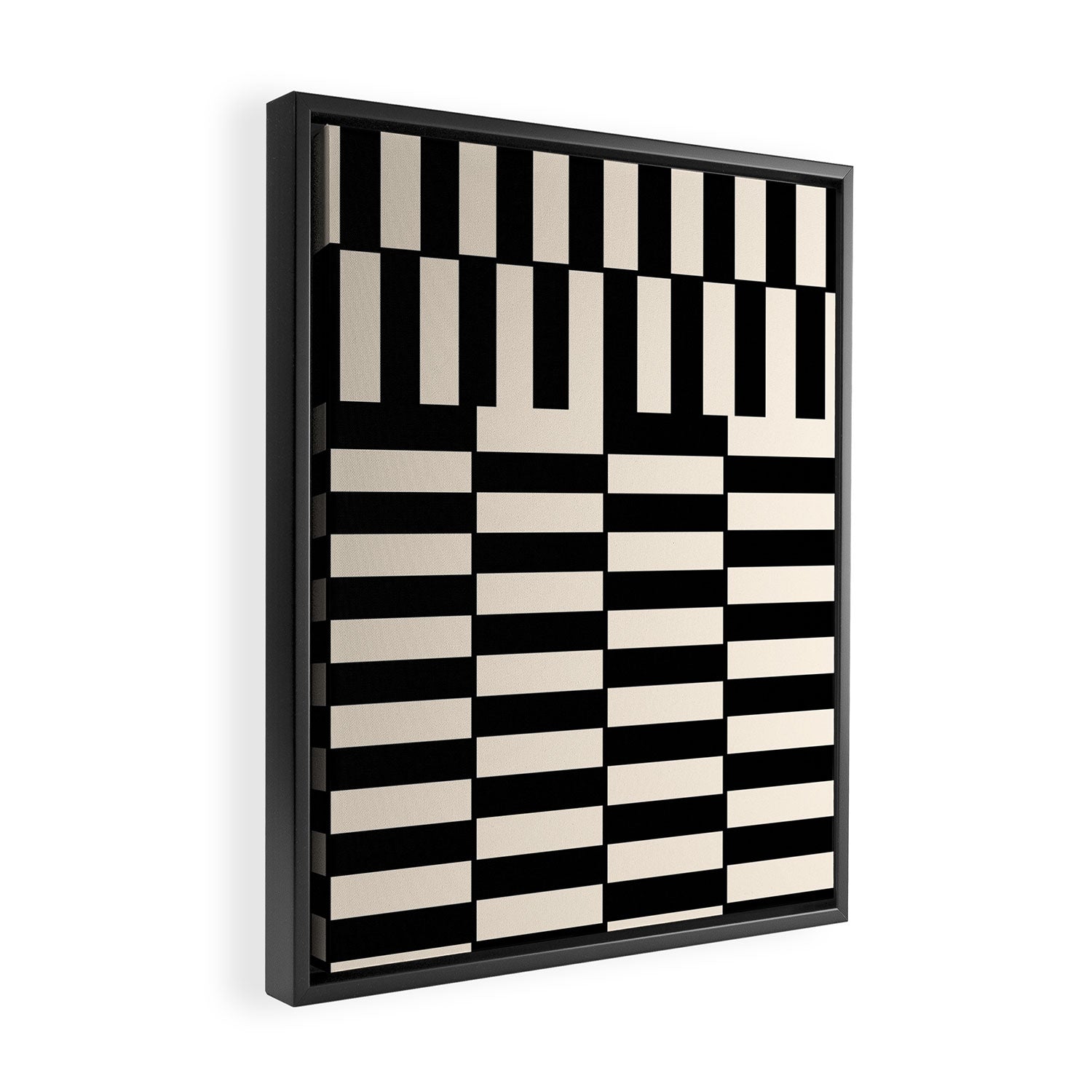 Long Blocks Vertical Horizontal Geometric Minimalist Pattern in Black and Almond Cream Framed Canvas Print Gallery Image 2