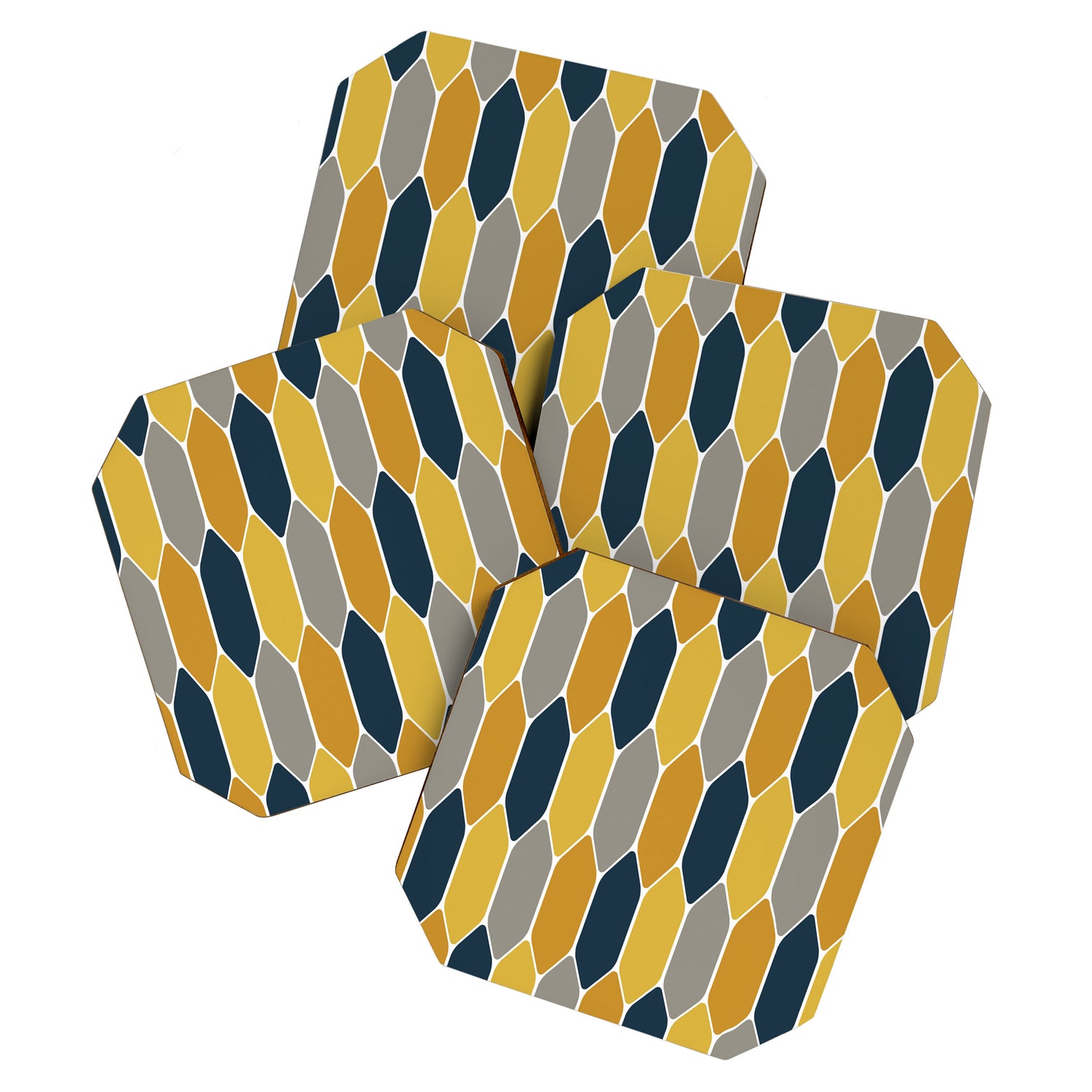 Long Honeycomb Geometric Pattern in Mustard Yellow, Navy Blue, Gray, and White Coaster Gallery Image 1