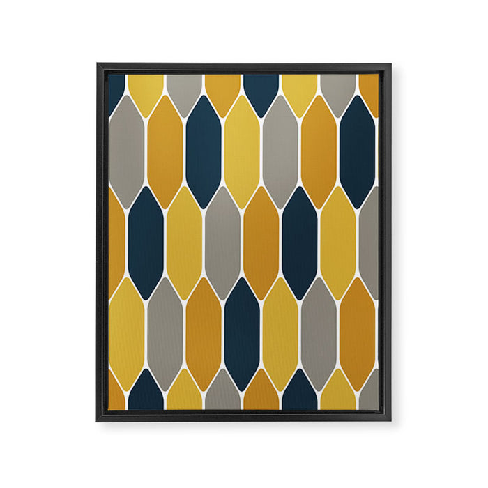 Long Honeycomb Geometric Pattern in Mustard Yellow, Navy Blue, Gray, and White Framed Canvas Print Gallery Image 1
