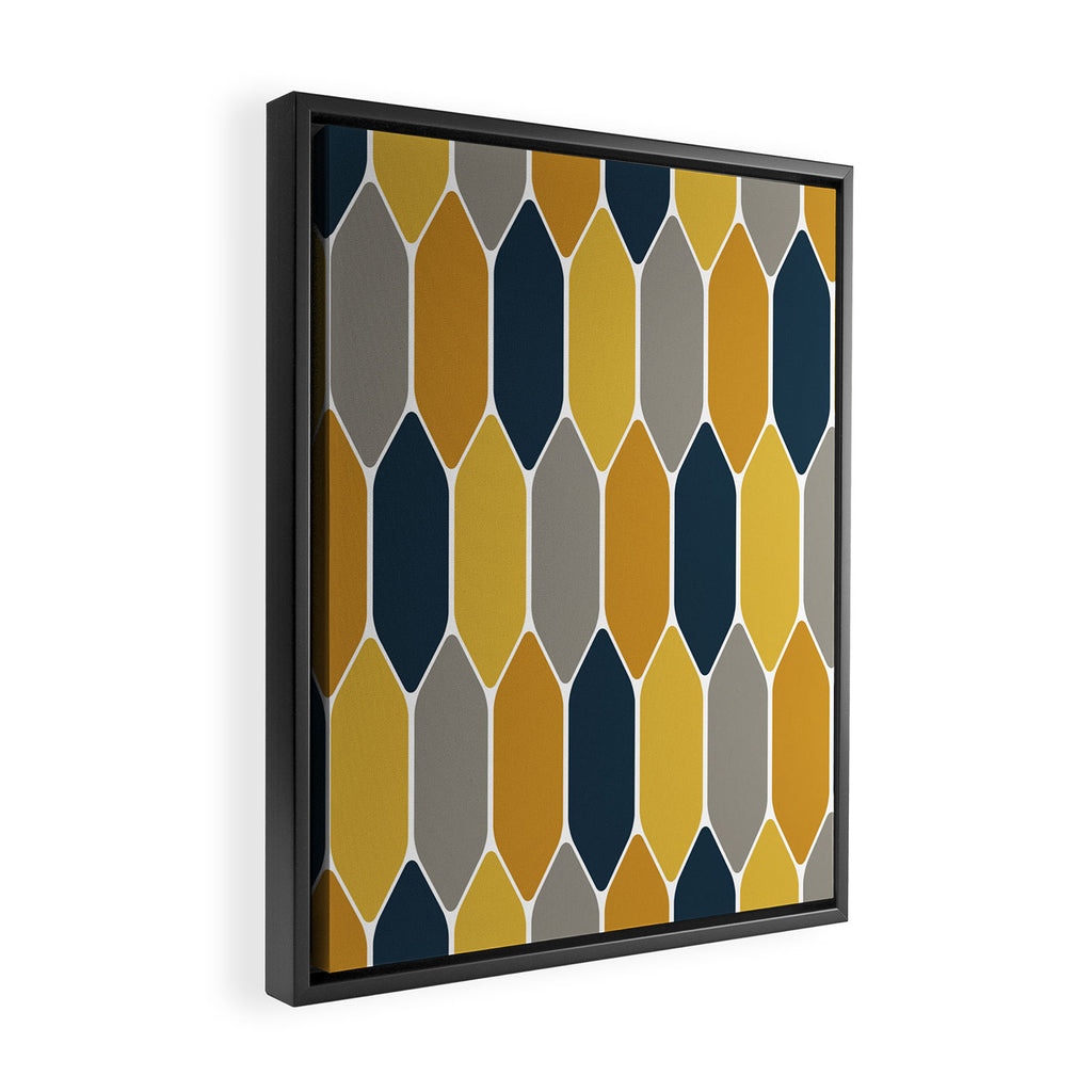 Long Honeycomb Geometric Pattern in Mustard Yellow, Navy Blue, Gray, and White Framed Canvas Print Gallery Image 2