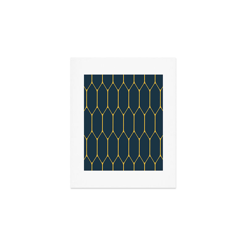 Long Honeycomb Minimalist Geometric Pattern in Light Mustard and Navy Blue Art Print Gallery Image 1