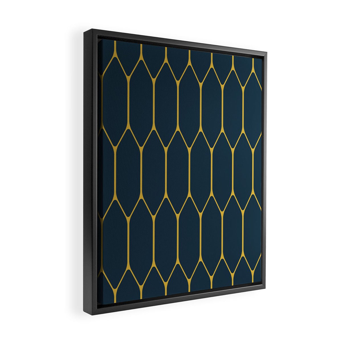 Long Honeycomb Minimalist Geometric Pattern in Light Mustard and Navy Blue Framed Canvas Print Gallery Image 2