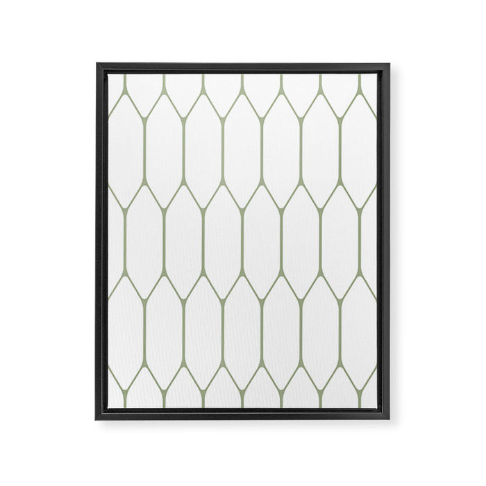Long Honeycomb Minimalist Geometric Pattern in Sage Green and White Framed Canvas Print Gallery Image 1