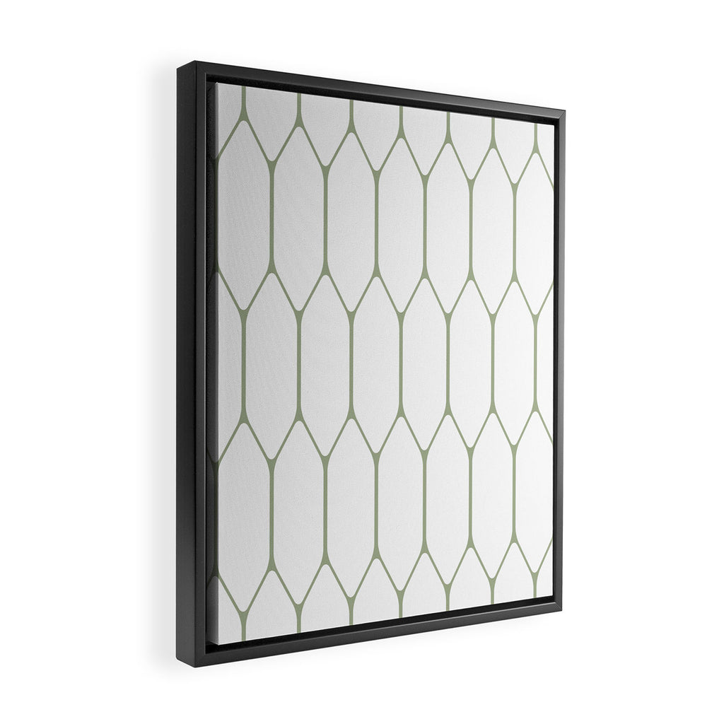 Long Honeycomb Minimalist Geometric Pattern in Sage Green and White Framed Canvas Print Gallery Image 2