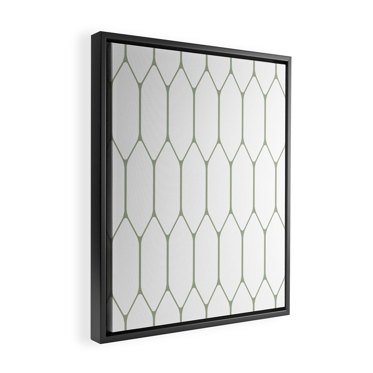 Long Honeycomb Minimalist Geometric Pattern in Sage Green and White Framed Canvas Print Gallery Image 2