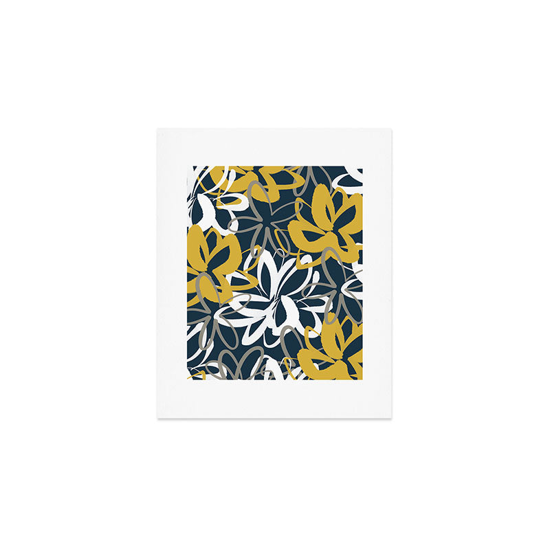 Lotus Garden Painted Floral Pattern in Light Mustard, White, and Gray on Navy Blue Art Print Gallery Image 1