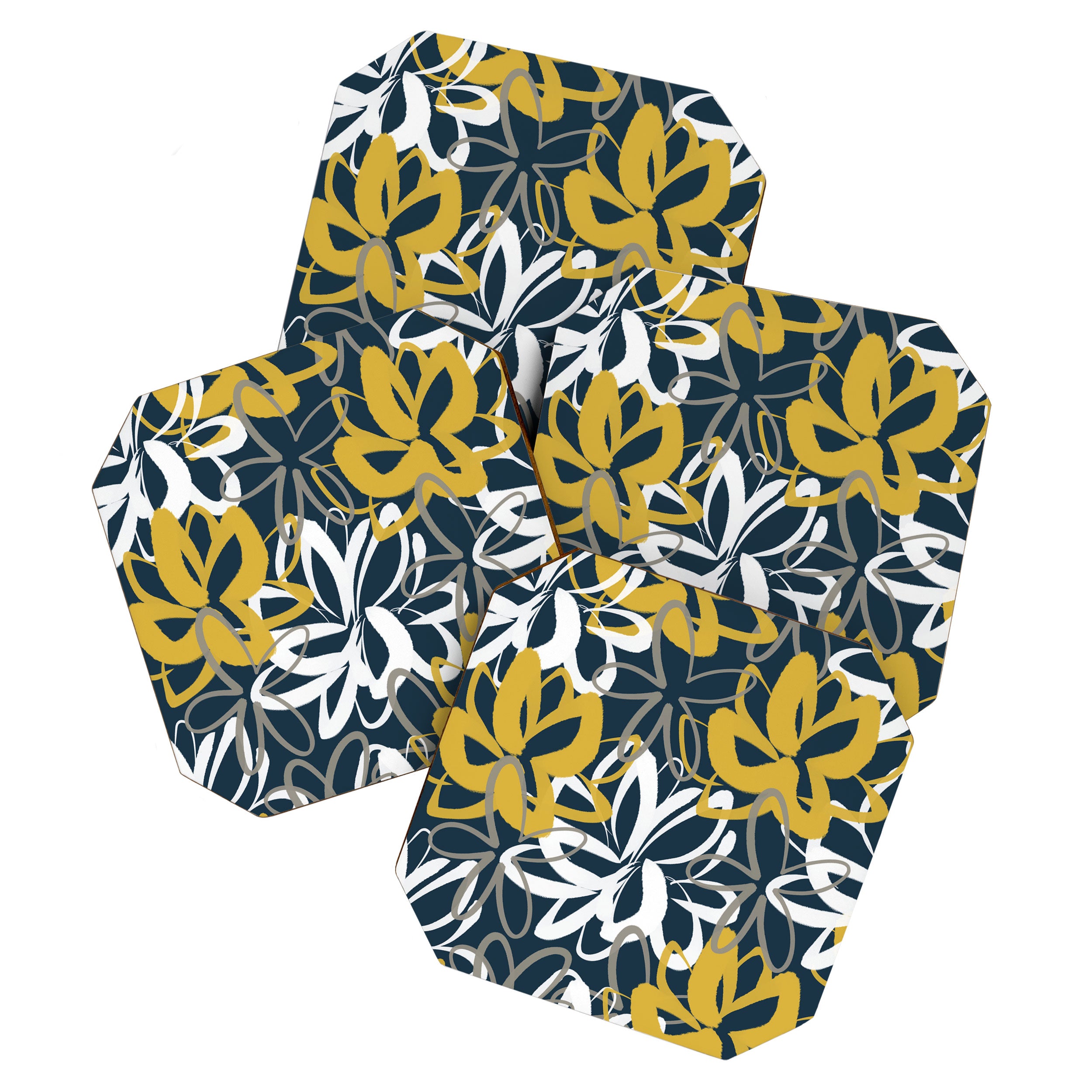 Lotus Garden Painted Floral Pattern in Light Mustard, White, and Gray on Navy Blue Coaster Gallery Image 1