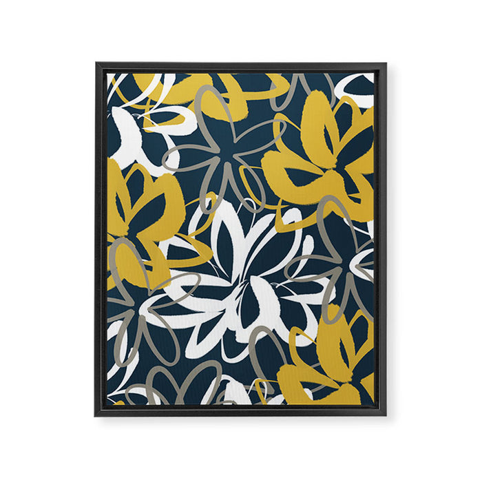 Lotus Garden Painted Floral Pattern in Light Mustard, White, and Gray on Navy Blue Framed Canvas Print Gallery Image 1
